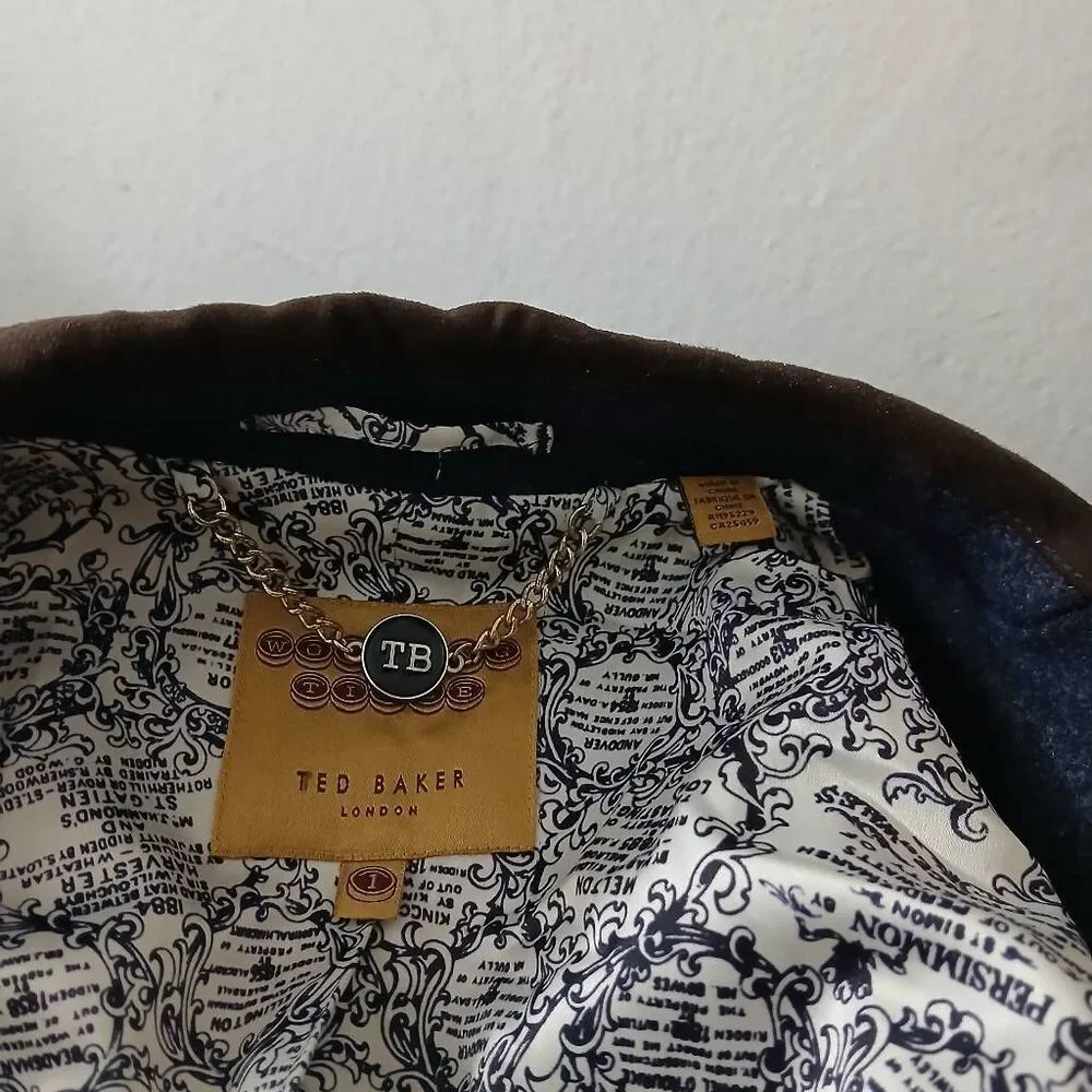 Ted baker womens US size 4 blazer blue 100% wool brown elbow patchwork - Picture 8 of 9